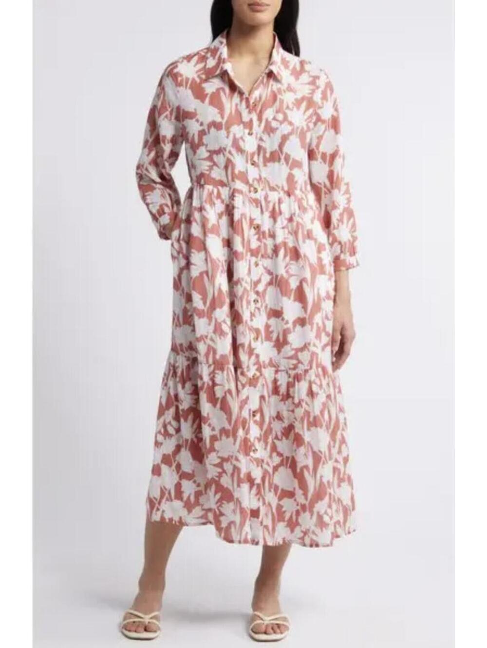 Caslon Pink Canyon Phoenix Floral Tiered Midi Shirtdress XL NWT